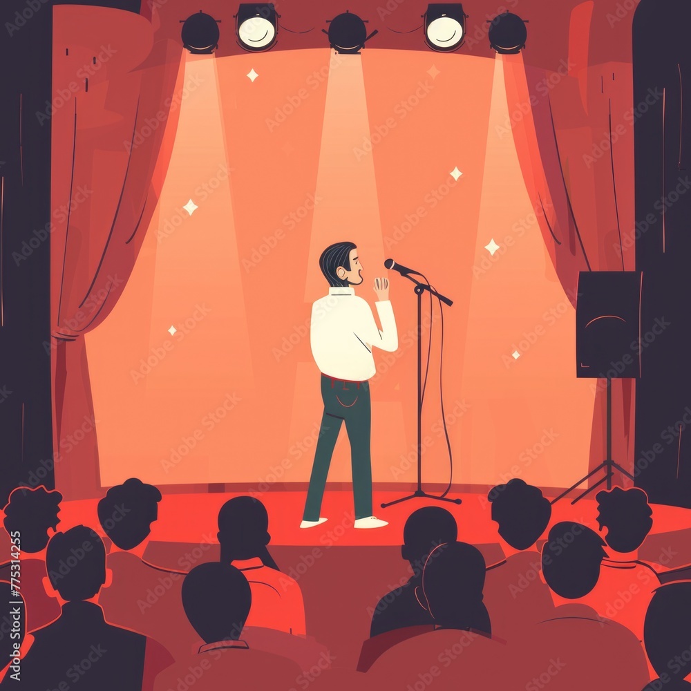 Fototapete a man standing in front of a microphone on a stage. ideal for music or public speaking concepts
