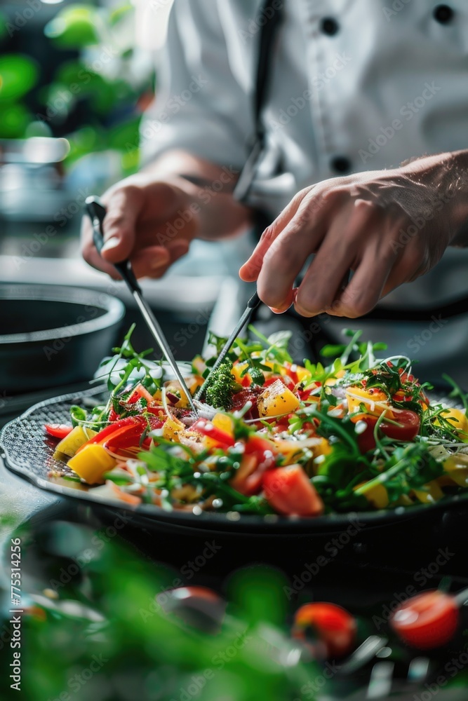 Poster a chef making a salad in a professional kitchen. perfect for culinary concepts