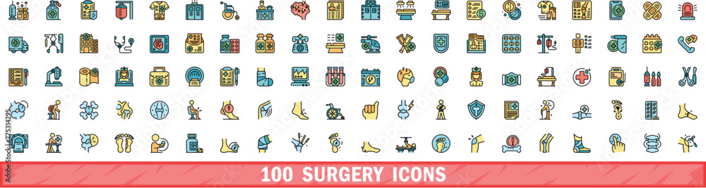 Wall mural 100 surgery icons set. Color line set of surgery vector icons thin line color flat on white