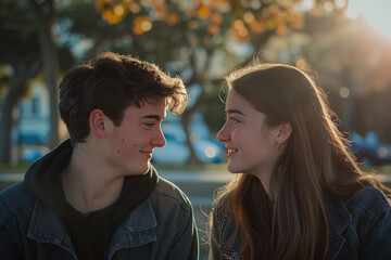 A boy and a girl are looking at each other and smiling