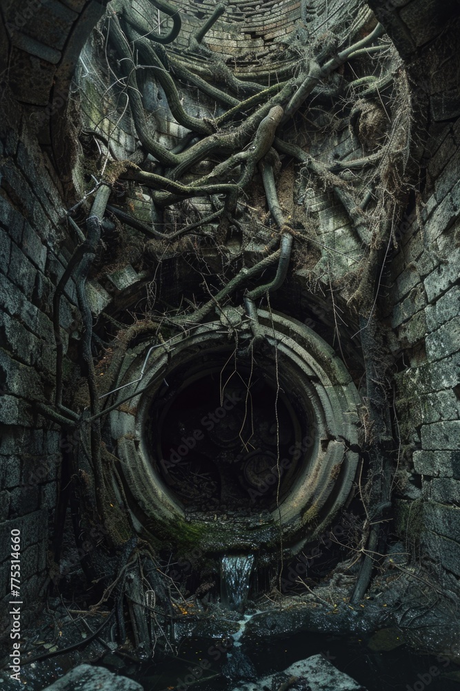Poster a unique scene of a tree growing out of a tunnel. suitable for various creative projects