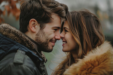 A man and a woman are touching their noses and smiling - obrazy, fototapety, plakaty