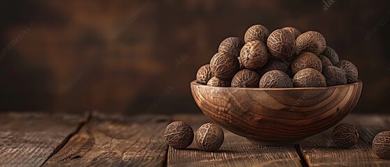   A wooden bowl brimming with nuts resting on a wooden table beside a pair of scissors placed atop it - obrazy, fototapety, plakaty