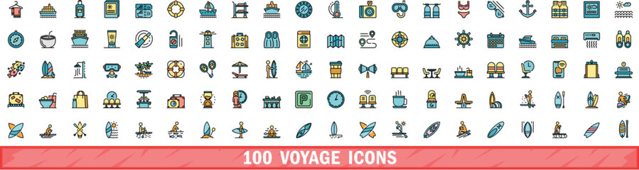 100 voyage icons set. Color line set of voyage vector icons thin line color flat on white