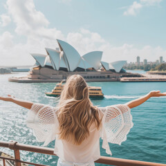 From behind, you can see the traveler girl arms spread wide as she take in the incredible view of the Sydney Opera House in Austailia.