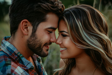 A man and a woman are touching their noses and smiling - obrazy, fototapety, plakaty