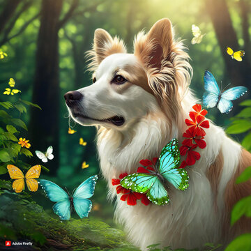 Um belo cachorro com penas em plena exibição Floresta bonita de alta resolução com árvores frondosas verdes e flores brancas e vermelhas em forma de coração e borboletas amarelas com bioluminescência