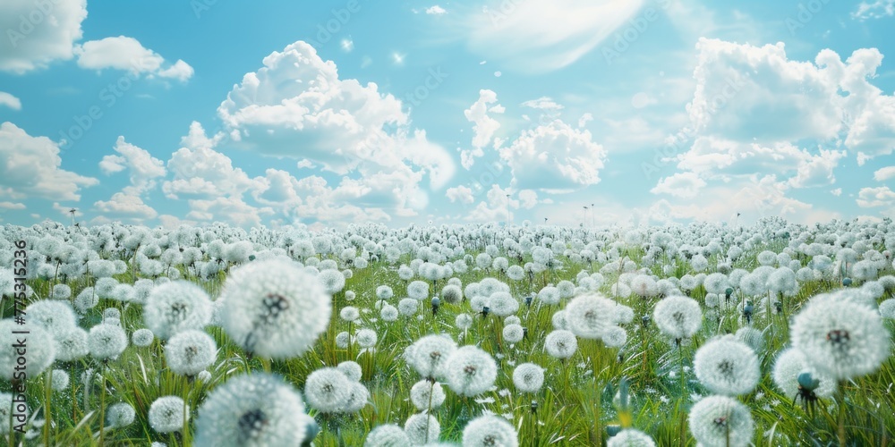 Poster beautiful white dandelion field under a clear blue sky. perfect for nature and springtime concepts