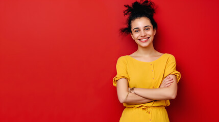 Mulher sorrindo de braços cruzados vestindo amarelo no fundo vermelho - obrazy, fototapety, plakaty