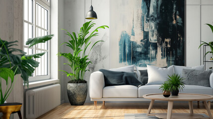 Sala de estar cheia de plantas com um quadro de arte abstrato na parede 