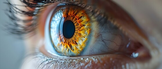 Closeup of a human eye showing iris eyelashes and optic nerve with text overlay on medical terms. Concept Close-up Photography, Human Eye, Iris Detail, Eyelashes, Optic Nerve, Medical Terminology, - obrazy, fototapety, plakaty
