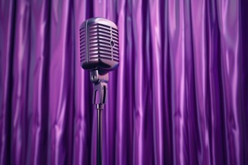A microphone standing in front of a purple curtain. Suitable for music or performance themed designs