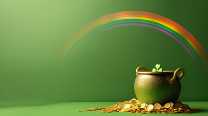 Pote de ouro com um arco íris no fundo verde 