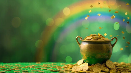 Pote de ouro com um arco íris no fundo verde  - obrazy, fototapety, plakaty