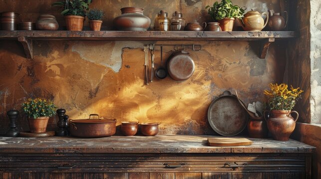 Detailed vintage cookware still life in rustic kitchen, warm tones, high res photography