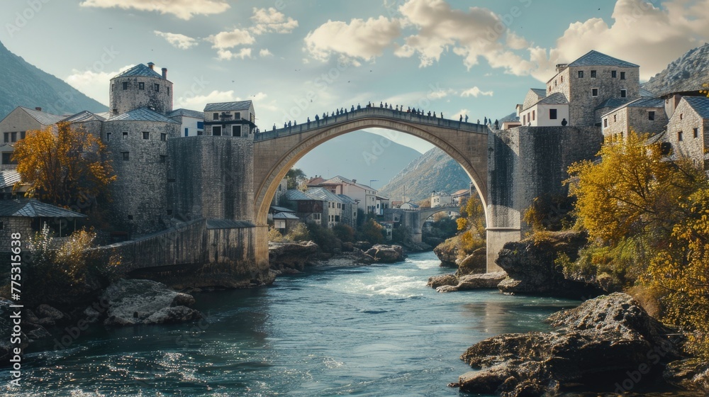 Poster a bridge over a river with buildings in the background. suitable for urban or architectural concepts