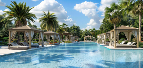 A tropical paradise is created by a resort-style pool surrounded by chic cabanas and palm palms