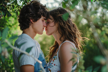 Fototapeta premium A man and a woman are kissing under a tree