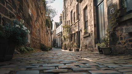 Obraz premium A charming cobblestone street lined with potted plants. Perfect for urban and travel concepts