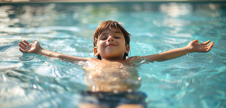 A young boy floating on his back, arms spread out in the water, a content smile on his face as he enjoys a peaceful moment in the pool