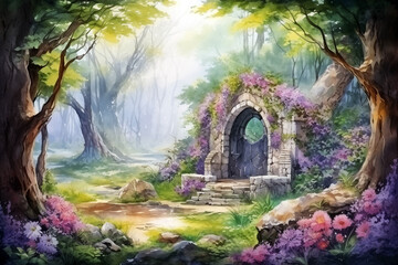 Fairy forest horizontal background. Spring enchanted landscape with ancient ruins and flowers. Watercolor Magical world cartoon design.