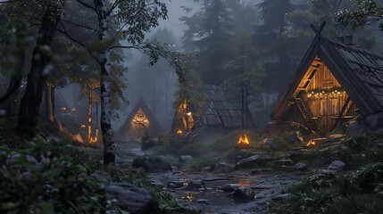 Cozy shelters offering refuge from the elements along a wilderness pathway - obrazy, fototapety, plakaty