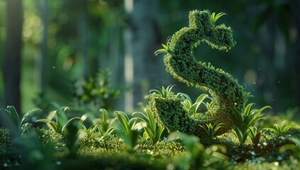 Cinematic shot of a green mossy dollar sign in the grass. AI generated illustration - obrazy, fototapety, plakaty