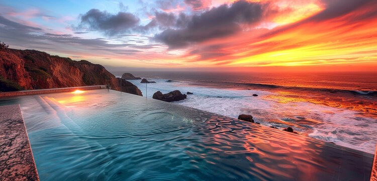 An infinity pool facing a rocky shoreline, where waves pound the cliffs below and a flaming sunset paints the sky