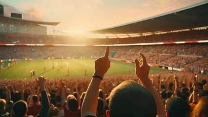 A group of fans are cheering for their team's victory, Back view of football, soccer fans emotionally cheering their team at crowded stadium