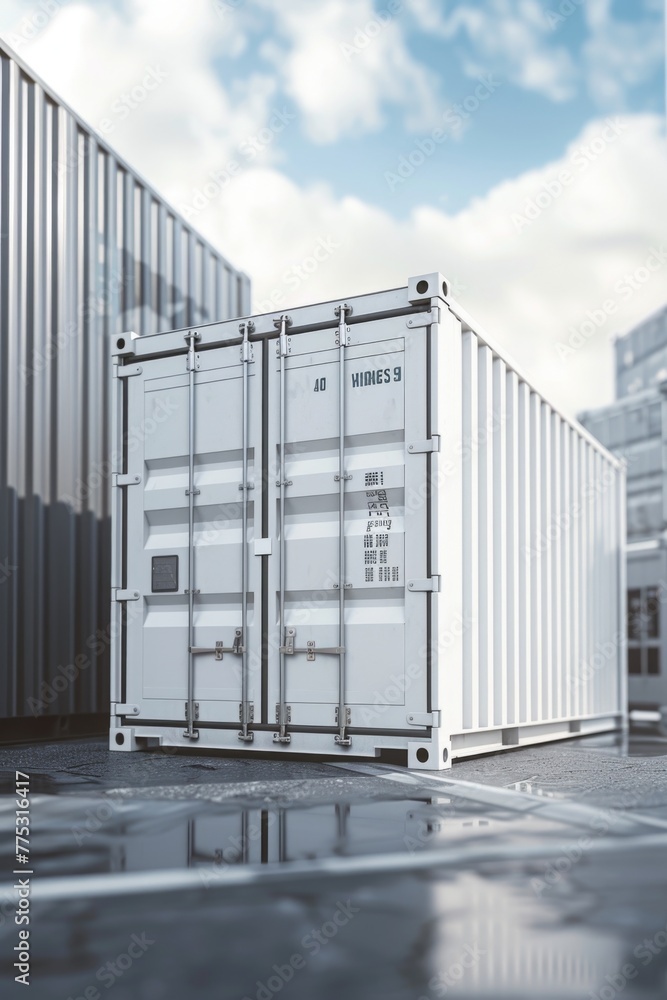 Poster a white container placed on a parking lot, suitable for transportation or storage concepts