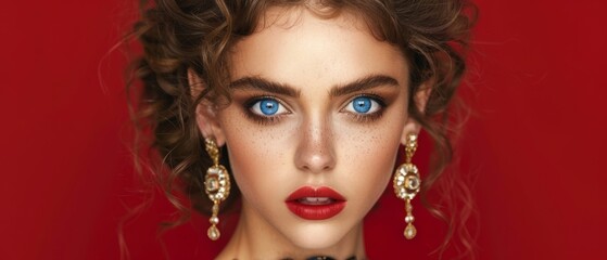 Fototapeta premium A close-up of a woman with blue eyes wearing red lipstick, a black dress adorned with gold jewelry around her neck