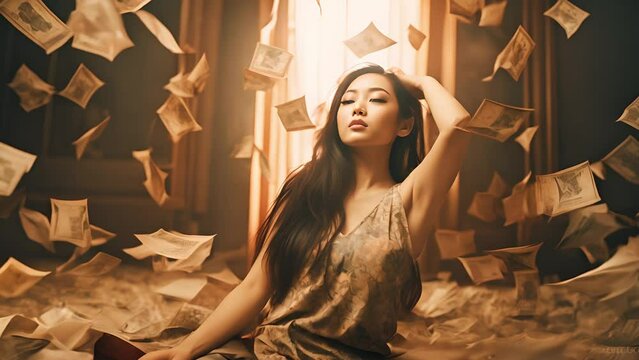 Young asian beautiful creator, there are a lot of falling banknotes made of money around her	