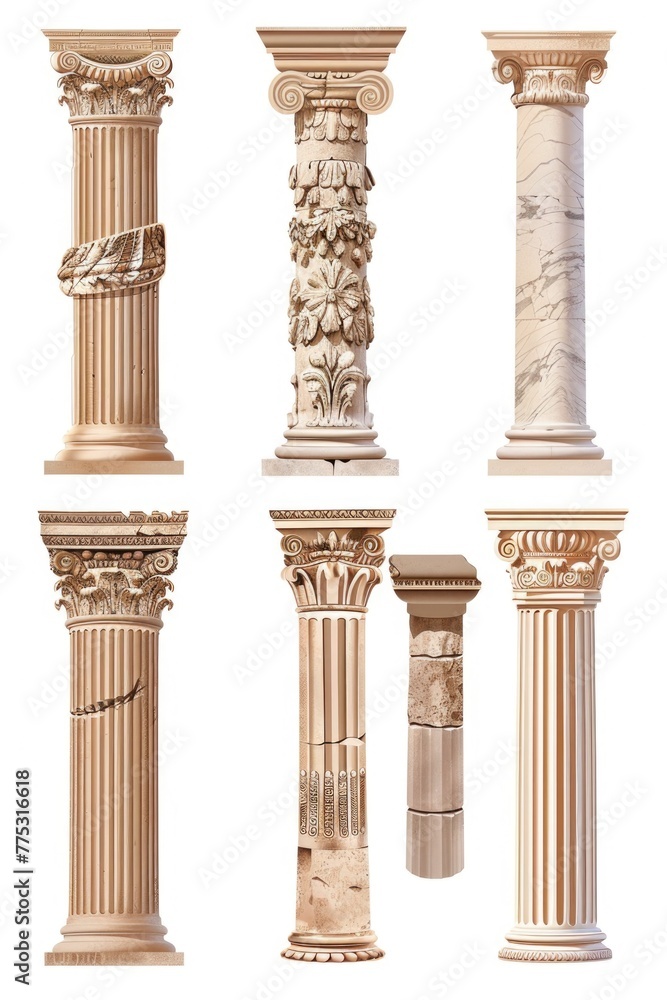 Poster Image featuring a set of four different types of columns. Suitable for architectural designs and historical concepts