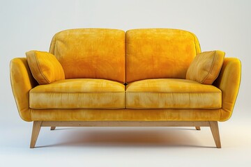 A yellow couch placed on a white floor. Suitable for interior design concepts