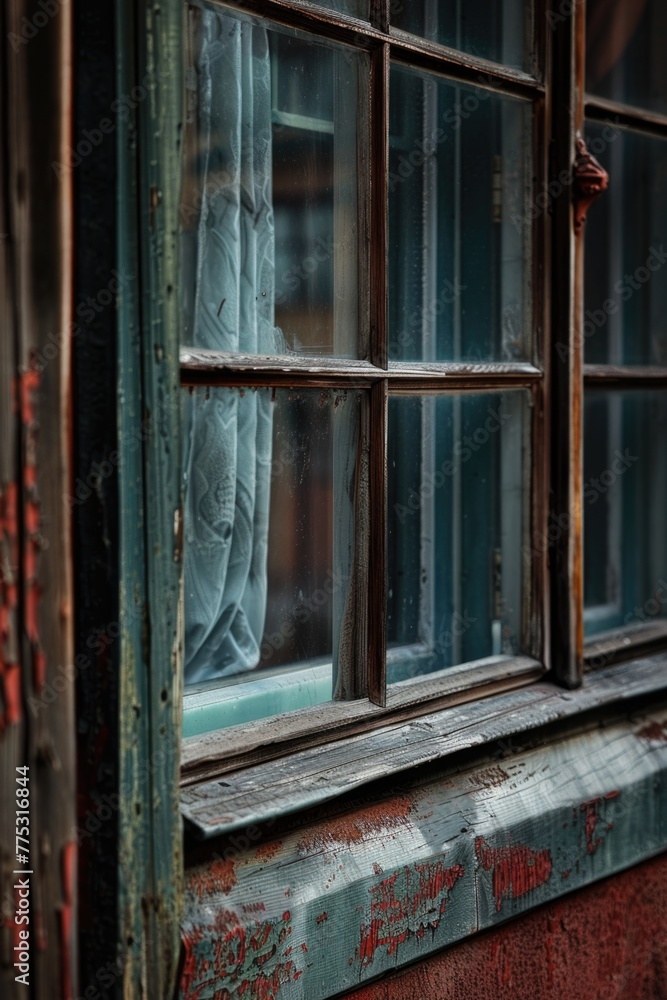 Poster a detailed view of a window with a curtain, suitable for interior design concepts