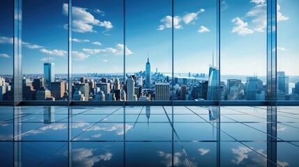 Corporate office building background with a sleek, glass facade reflecting the surrounding cityscape, standing tall against a clear blue sky