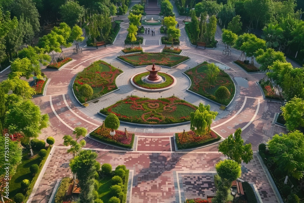 Poster serene circular garden with a central fountain, surrounded by lush trees. suitable for various outdo