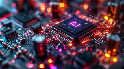 Illuminated AI Chip Amidst Complex Circuitry Landscape: A Detailed Close-Up