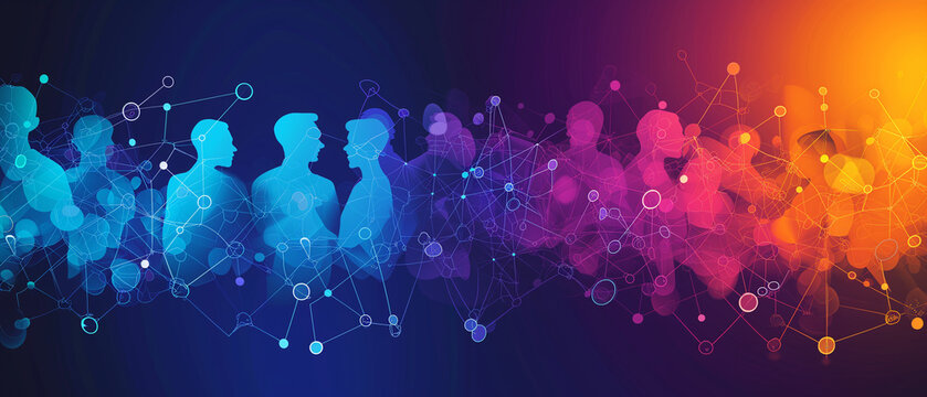 A visually striking banner celebrating unity and connection, portraying diverse people shapes interlinked by dots and lines in a vibrant color palette of blue, orange, and purple. Ai generated