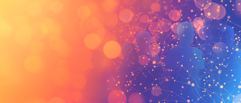 A visually striking banner celebrating unity and connection, portraying diverse people shapes interlinked by dots and lines in a vibrant color palette of blue, orange, and purple. Ai generated