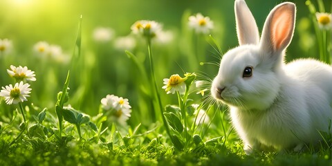 white rabbit sits in a field of tall grass and daisies, 