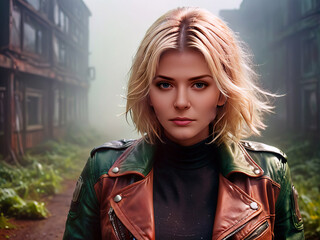 Blonde Woman in Leather Jacket Walking on a Deserted City Street, Foggy Haze Background