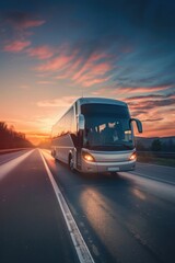 Obraz premium Bus driving down a highway at sunset. Suitable for transportation concepts