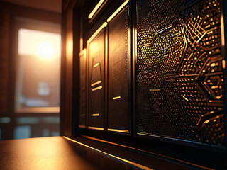 Intricate Detailed Dark Wood Side Panel Window with Soft Light Background Wallpaper