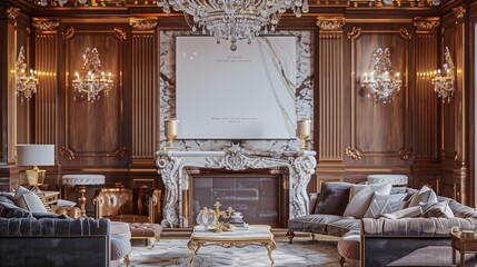 A luxuriously decorated living room that combines classic and modern elements, featuring a sophisticated wall poster mockup above an ornate, marble fireplace. - obrazy, fototapety, plakaty