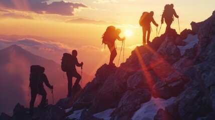 A group of people hiking up a mountain at sunset. Suitable for outdoor and adventure themes