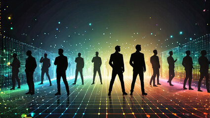 Silhouettes of Men Digital Light Lines Grids on Floor and Walls Colorful Background Bokeh Orbs Yellow, Green, Red  Lights