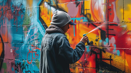 Young Kid in Hoodie and Hat Creates Vibrant Graffiti Magic on City Wall. Ai generated