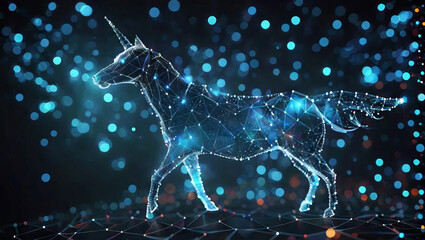 Digital Unicorn Grid Mesh Body Walking Light Nodes and Lines Teal Colored Bokeh Orbs Black Background