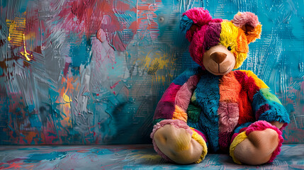 Multi-colored teddy bear on a studio background